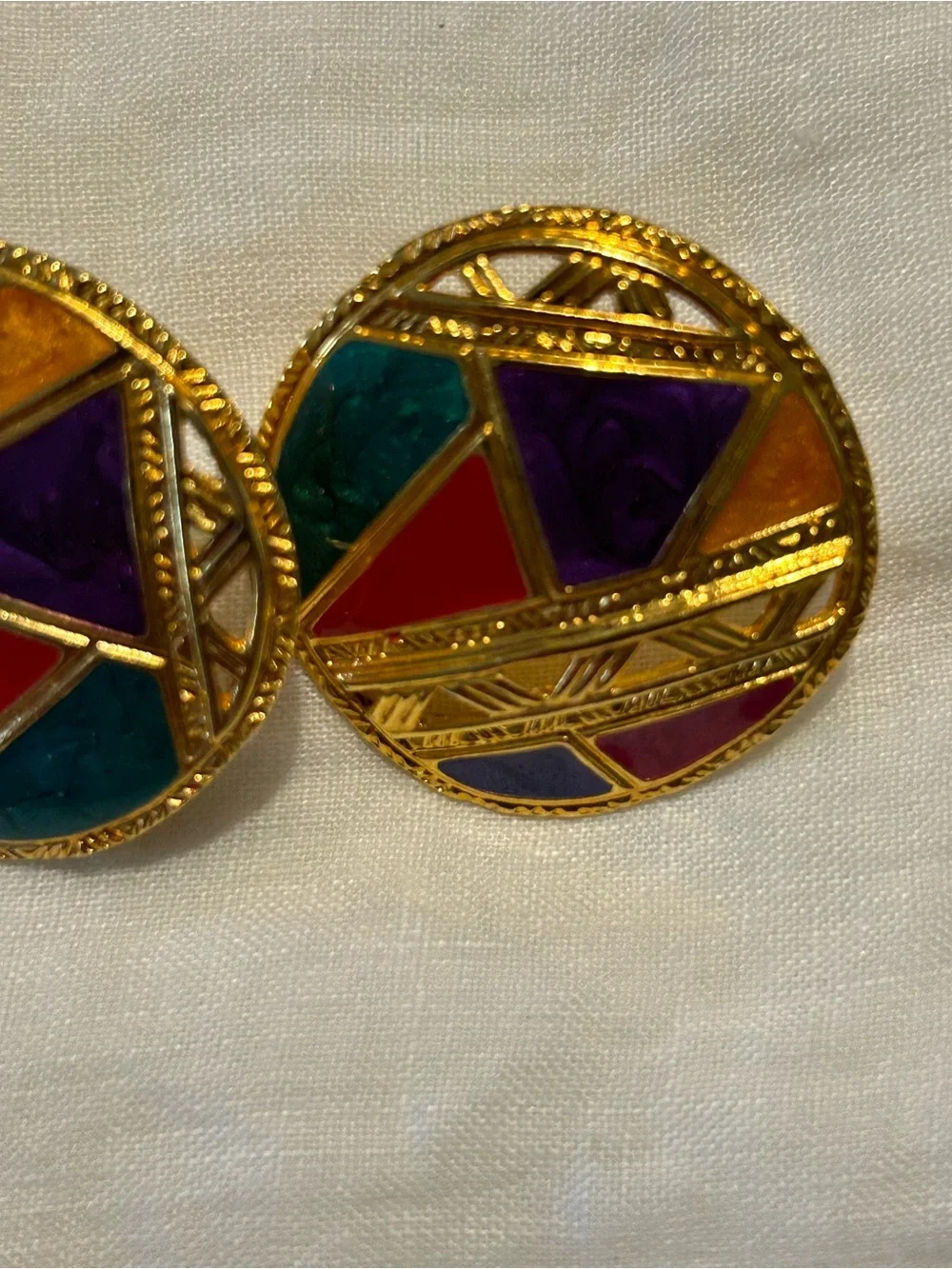 Vintage Bernie -Inspired Gold Multicolor Enamel Round Earrings